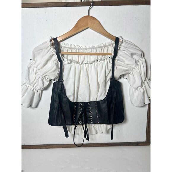 Cotton Blend Corset Blouse medieval Lace Tie Up style  shirt Size XS.     Z - Picture 1 of 6